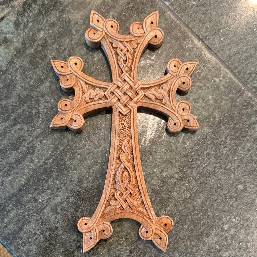 Hand Carved Wooden Armenian Cross Wall Decor - Brown